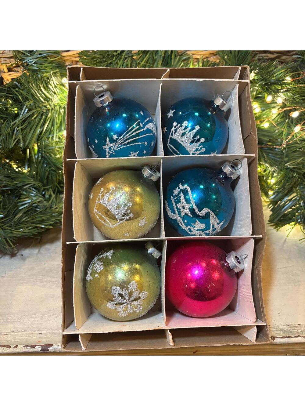 Vintage Glass Ornaments - MiroStar 2.5” Blown Glass Blue, Green, Pink